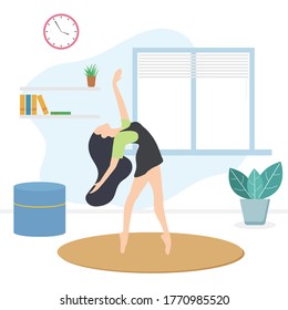 Women at home dancing in ballet  in period of self isolation and social distancing during covid virus epidemic. Stay home global period illustration in vector.