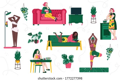 Women at home leisure activity set - cartoon girls in quarantine cooking, eating, doing yoga, reading and doing other relaxing activities. Vector illustration.