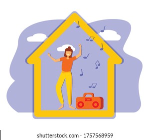 Women at home listening the music, dancing and singing in period of self isolation and social distancing during covid virus epidemic. Stay home global period illustration in vector.