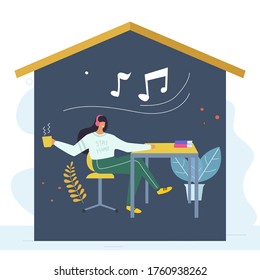 Women at home listening the music in period of self isolation and social distancing during covid virus epidemic. Stay home global period illustration in vector.