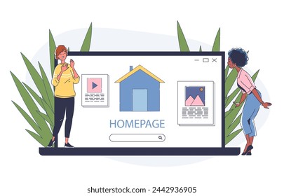 Women with homepage simple. Young girls near webpage at laptop screen. Users on internet. Graphic designers and freelancers. Cartoon flat vector illustration isolated on white background