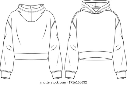 Women Hooded Crop Top fashion flat sketch template. Technical Fashion Illustration. Sweatshirt
