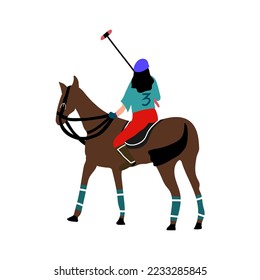 Women and horse athletes with sport facilities flat vector illustration.Fun player of polo with horse hand drawn character isolated on white background.Childish t-shirt print design.
