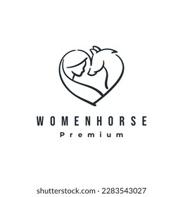 A las mujeres y a los caballos les encanta el hermoso concepto de diseño de logo. Ilustración de la línea vectorial de cuidado animal