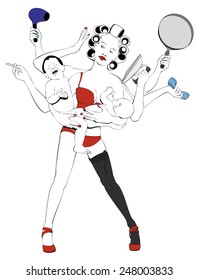 WOMEN HOUSEWIFE WITH KIDS. Vector Illustration.