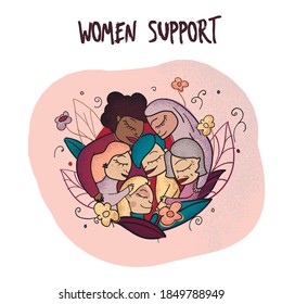 Women hug each other, women rights and sisterhood composition with floral details