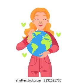 Women hug world heart shape with love earth concept. Woman hugs planet Earth with love and care. Earth day or save planet concept. Flat style vector illustration.