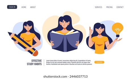 Mujeres con enorme lápiz, libro, icono de bulbo. Ilustración vectorial de estilo plano para la educación, el conocimiento, el estudio, la lectura, la creación de concepto.