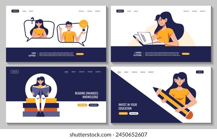 Women with huge pencil, book, bulb icon. Flat style vector illustration for education, knowledge, studying, reading, creating concept. Set of web pages.