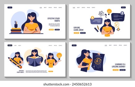 Women with huge pencil, book, educational icons, . Flat style vector illustration for education, knowledge, studying, reading, creating concept. Set of web pages.