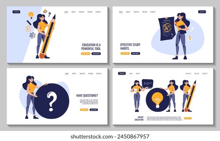 Women with huge pencil, great grade mark, educational icons, question icon. Flat style vector illustration for education, knowledge, studying, creating concept. Set of web pages.
