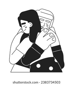 Women hugging monochromatic flat vector characters. Tight hug. Multinational friends. Editable thin line half body people on white. Simple bw cartoon spot image for web graphic design