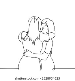 mulheres abraçando - uma linha arte vetor. Conceito de dia de abraço, pele de mulher. Vetor artesanal não AI