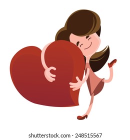 Women hugging red heart vector illustration cartoon character