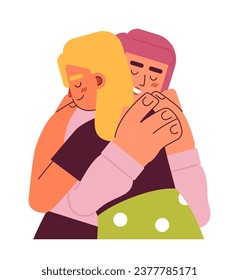 Women hugging semi flat color vector characters. Tight hug. Multinational friends. Editable half body people on white. Simple cartoon spot illustration for web graphic design