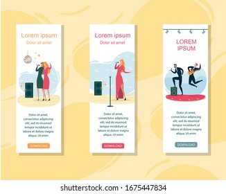 Women Hugging and Singing in Microphone. Girl Singer in Long Dress Performing at Stage. Musical Band Having Concert, Singing Pop and Playing Guitar Web Design Flat Cartoon Vector Illustration.