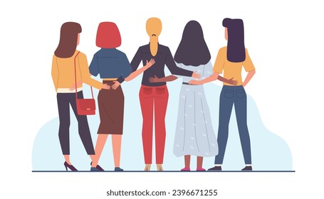 Mujeres abrazándose juntas, apoyándose mutuamente. Chicas de vista trasera. los personajes femeninos se ayudan mutuamente. Feminismo y hermandad. Tolerancia y solidaridad. Concepto de vector aislado plano de dibujos animados