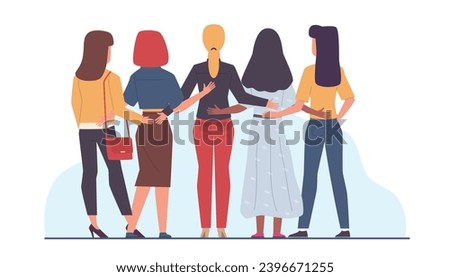 Women hugging together, supporting each other. Back view girls. female characters help each other. Feminism and sisterhood. Tolerance and solidarity. Cartoon flat isolated vector concept