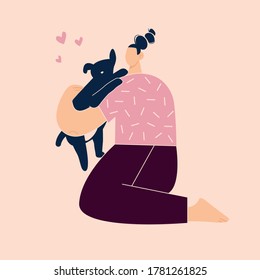 Women hugs her pet dog illustration in vector. Friendship poster or card. Cartoon characters