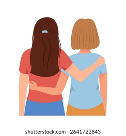 Women in hugs.View from the back.Concept of female support.Psychological and friendly help. Vector illustration.