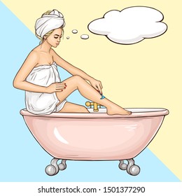 Women hygiene and beauty, body care cosmetics pop art vector ad banner template with young, blond woman wrapped in white bath towel, sitting on bathtub edge, shaving leg with safety razor illustration