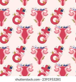 Women hygiene elements seamless pattern. Menstruation cycle, ucunderpants, sanitary pads, menstrual cup vector illustration
