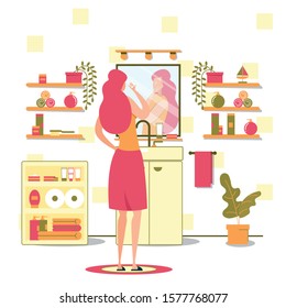 Women Hygiene Evening or Morning Routine, Skincare Cosmetics Use, Makeup Cleaning Flat Vector Concept. Young Lady Applying Face, Skin Care Cream, Lotion or Mask in Font of Bathroom Mirror Illustration