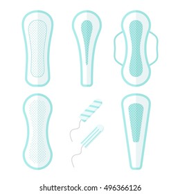 Women hygiene pads set of vector icons isolated on white background. Hygiene pads types, feminine hygiene sanitary napkin products. Personal hygiene elements in flat style.