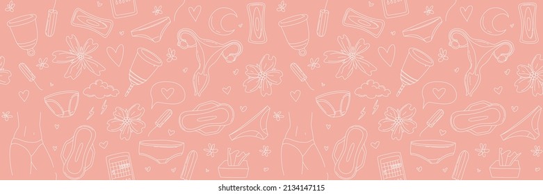 Women hygiene supplies for menstruation underpants, pads, tampons, menstrual cup. An image of the uterus. Vector illustration seamless pattern doodle icons in thin line art sketch style
