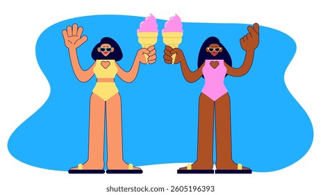 Women with ice cream. Friends in swim suits have fun together on vacation. Cartoon isolated vector illustration. 