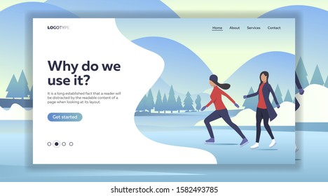 Women ice skating on lake. Sport, leisure, active lifestyle flat vector illustration. Outdoor activities concept for banner, website design, landing web page