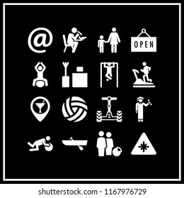 women icon. 16 women vector set. laser, exercise, bar pin and volleyball icons for web and design about women theme