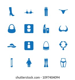 Women icon. collection of 16 women filled icons such as man wc, necklace, bra, woman boot, female underwear, bag, woman pants. editable women icons for web and mobile.