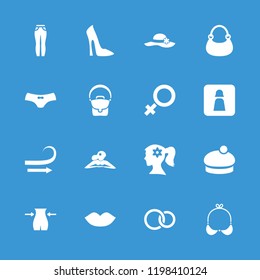 Women icon. collection of 16 women filled icons such as lips, woman face with flower in hair, woman in spa, slim, female underwear. editable women icons for web and mobile.