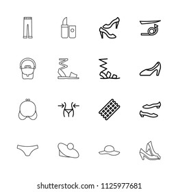 Women icon. collection of 16 women outline icons such as hair curler, straight hair, slim, sandals, shoe, woman shoe, lipstick, bra. editable women icons for web and mobile.
