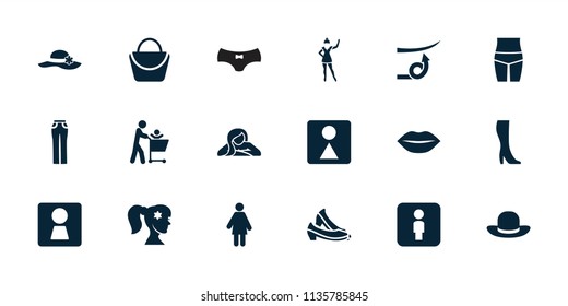 Women icon. collection of 18 women filled icons such as woman wc, woman bag, female wc, father with not in shopping cart, lips. editable women icons for web and mobile.