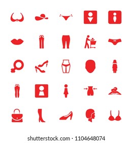 Women icon. collection of 25 women filled icons such as woman wc, face, woman, panties with heart, lips, bra, slim, male wc, shoe. editable women icons for web and mobile.