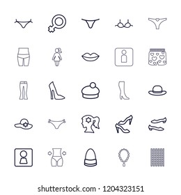 Women icon. collection of 25 women outline icons such as woman wc, panties with heart, lips, woman face with flower in hair, shoe. editable women icons for web and mobile.