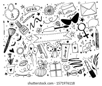 Women icon collection. Beauty accessories. Hand drawn doodle elements, stickers, phrase and lettering.Vector women concept design.