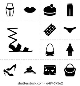 Women icon. set of 13 filled womenicons such as hair curler, lips, woman in spa, woman bag, sandals, shoe, female underwear, bag, underwear with heart