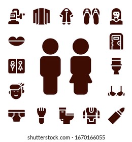 women icon set. 17 filled women icons.  Simple modern icons such as: Polisher, Lips, Wc, Toilet, Woman, Public toilet, Brassiere, Underwear, Cardigan, Makeup, Pijama, Sandals