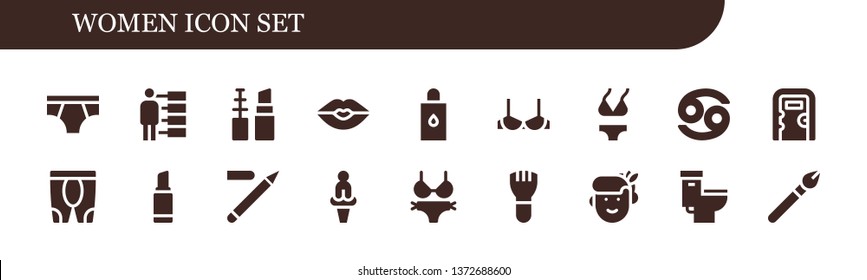 women icon set. 18 filled women icons.  Collection Of - Underwear, People, Make up, Kiss, Body oil, Brassiere, Bikini, Cancer, Public toilet, Leggings, Lipstick, Eyeliner, Venus