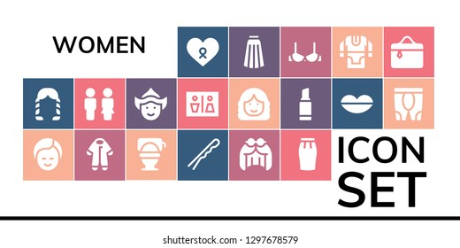  women icon set. 19 filled women icons. Simple modern icons about  - Cancer, Hairstyle, Makeup, Pijama, Toilet, Hairpin, Wig, Skirt, Woman, Wc, Lipstick, Lips, Leggings, Brassiere