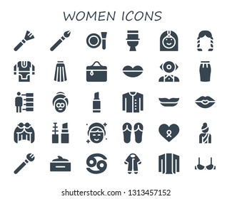 women icon set. 30 filled women icons.  Simple modern icons about  - Makeup, Make up, Toilet, Arab woman, Hairstyle, Tunic, Skirt, Cosmetics, Lips, Mentalist, People, Spa, Lipstick