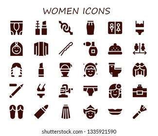 women icon set. 30 filled women icons.  Simple modern icons about  - Leggings, Make up, Gender, Skirt, Wc, Bikini, Arab woman, Cardigan, Hairpin, Perfume, Bonnet, Hairstyle, Lipstick
