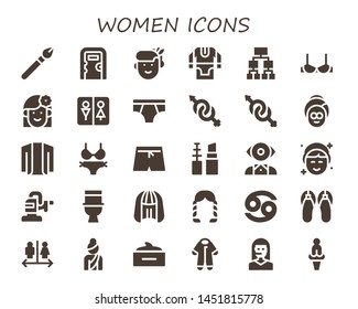 women icon set. 30 filled women icons.  Simple modern icons about  - Makeup, Public toilet, Woman, Tunic, Structure, Brassiere, Wc, Underwear, Gender, Spa, Cardigan, Bikini, Swim shorts