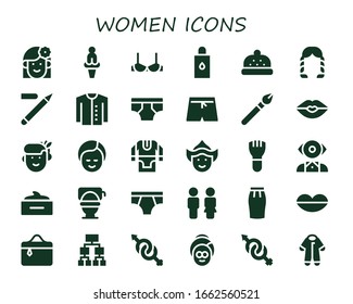 women icon set. 30 filled women icons.  Simple modern icons such as: Woman, Venus, Brassiere, Body oil, Bonnet, Hairstyle, Eyeliner, Cardigan, Underwear, Swim shorts, Makeup, Kiss