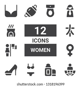 women icon set. Collection of 12 filled women icons included Leader, Lip balm, Bikini, Heels, Venus, Leadership, Characters, Dentist mask, Businesswoman, Incense, Toilet
