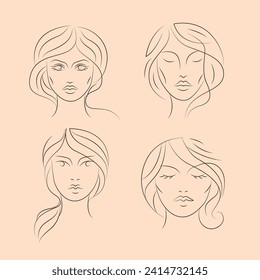Women icon set, logo flat design, paintbrush, hand draw vector, minimal line
