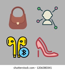 women icon set. vector set about networking, earphones, hand bag and high heels icons set.